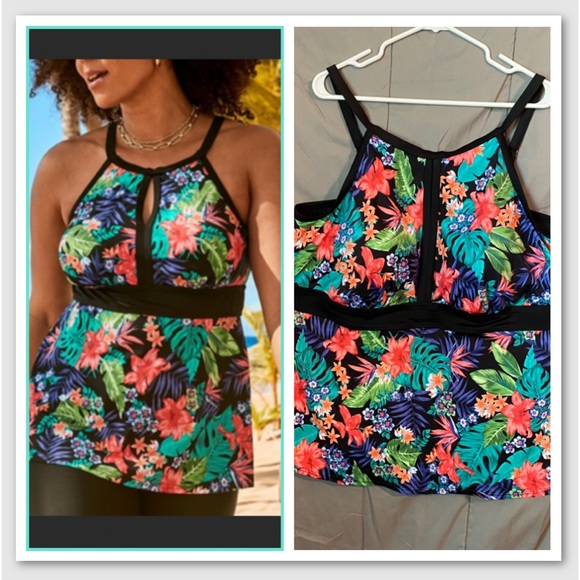 Swimsuits For All Floral Black Tropical Tankini Swimsuit Bathing Top Plus Sz 26 - Picture 1 of 16